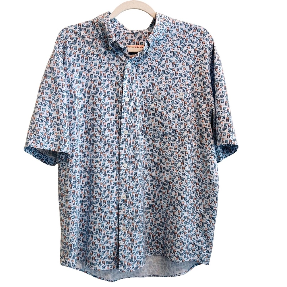 Huk Fishing Size L Kona Short Sleeve Button Down Shirt Boat Drinks Pattern Blue